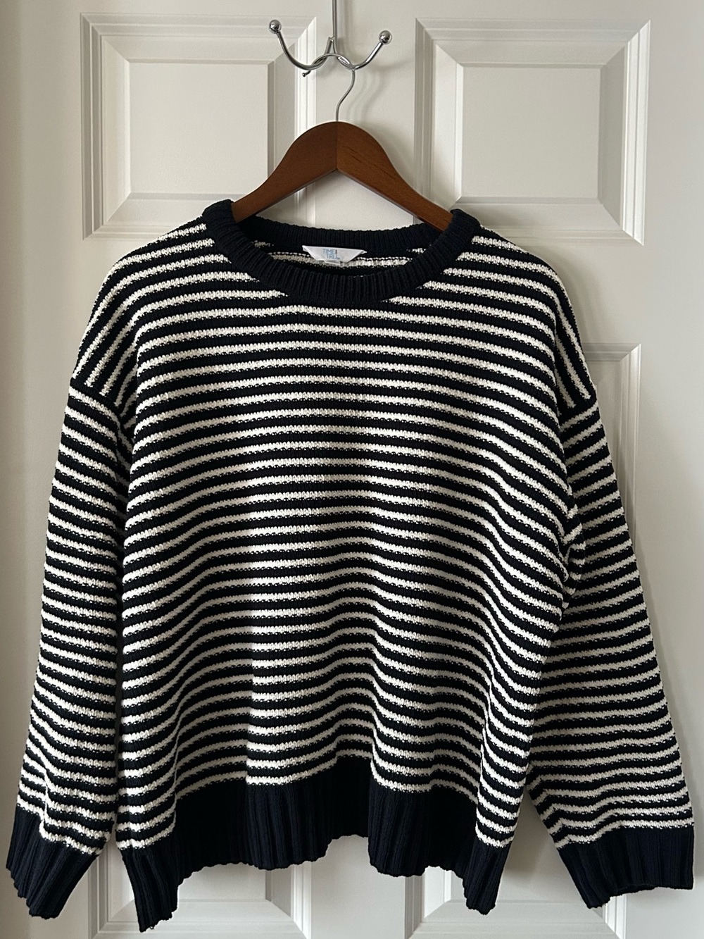 Time and Tru Black and White Striped Crewneck Sweater